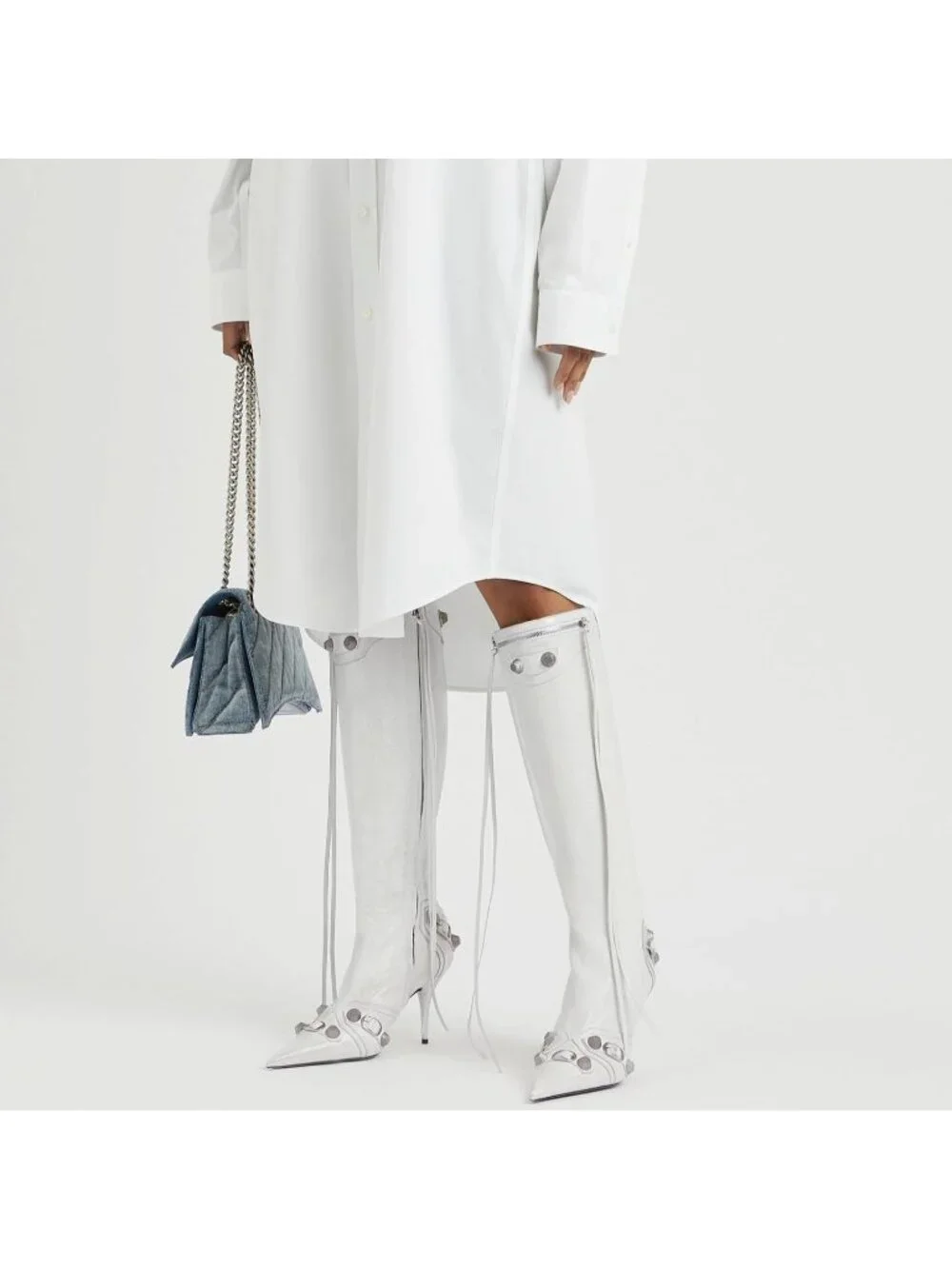 Women's White Faux Leather Zipper Trendy Sexy Pointed Toe Knee High Boots